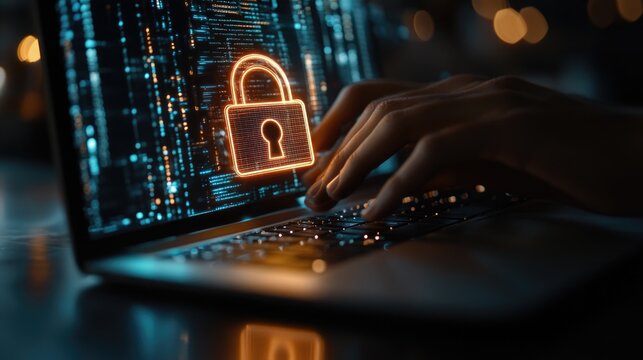 A person sitting in front of a laptop, typing away with a glowing padlock on the screen - Powered by Adobe