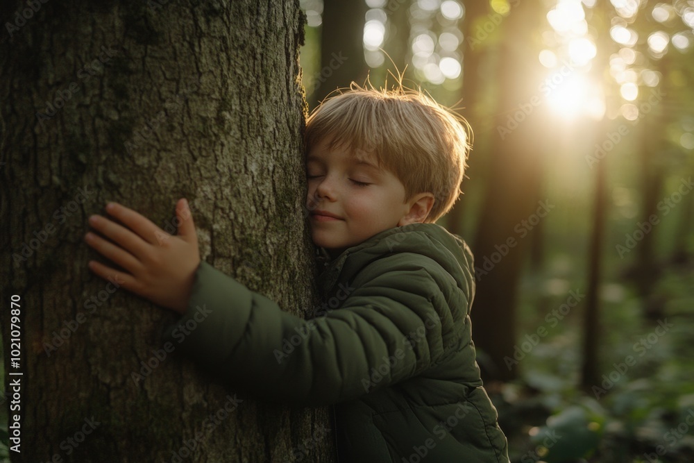 Poster a young boy embracing a tree trunk in a forest setting