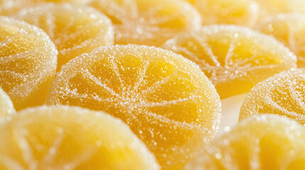 Sugary lemon slices, bright yellow and textured with granulated sugar, shining under light, resembling delightful candied fruit often used in sweet treats.
