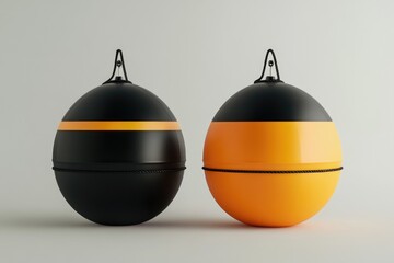 Two floating buoys in orange and black colors, side by side