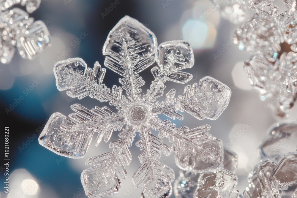 Poster a detailed view of a delicate snowflake on a calm blue background, perfect for use in winter-themed 