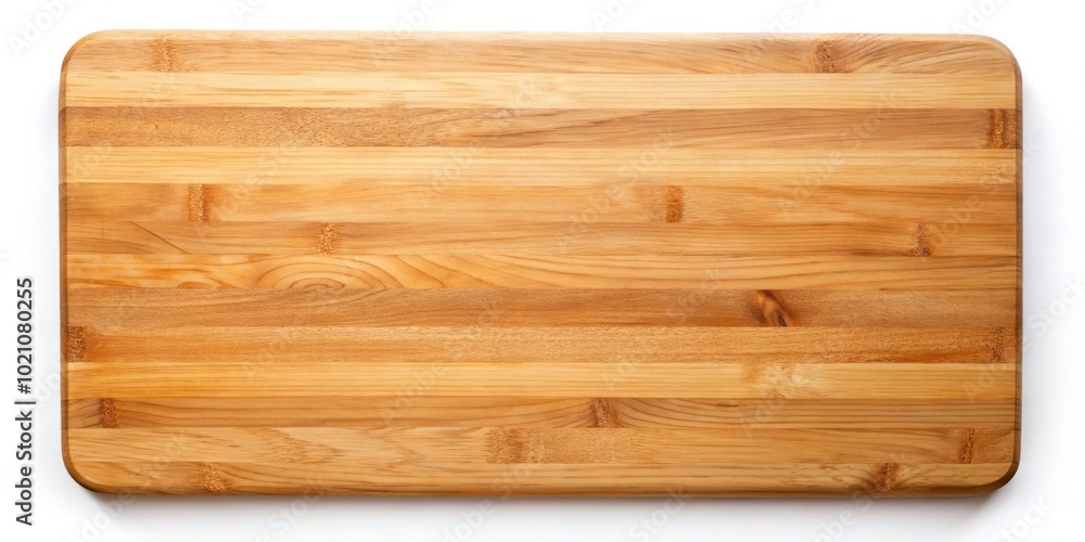 Poster a close-up of a rectangular wooden cutting board with rounded corners, showcasing the natural wood g