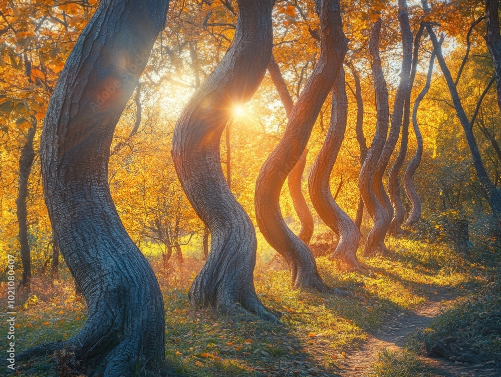 Aufkleber twisted tree trunks in a forest with autumn colors and sunlight creating a beautiful nature backgrou