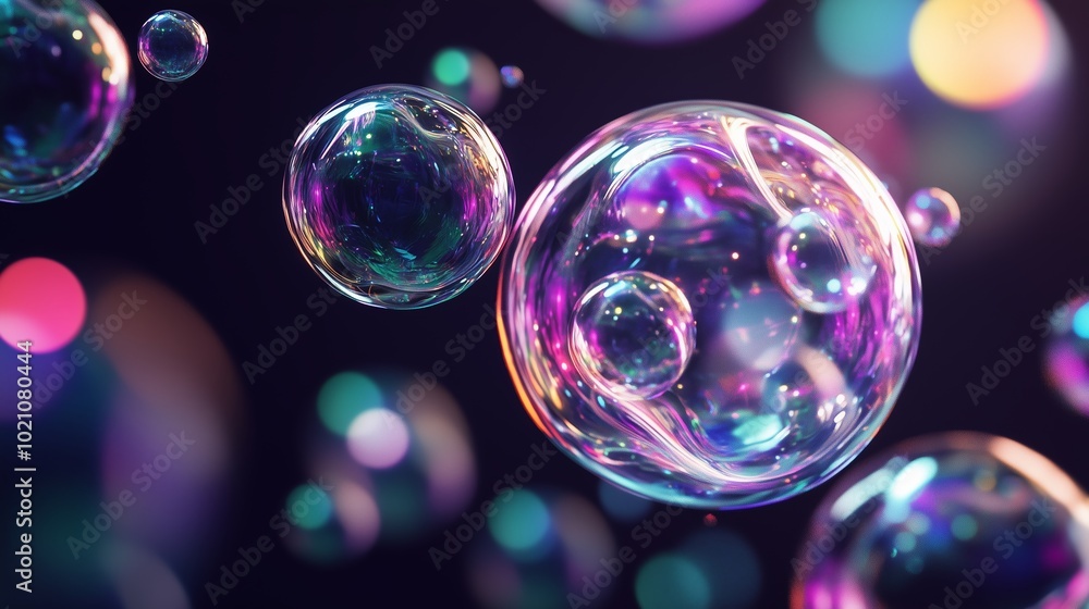 Poster colorful soap bubbles floating against a dark background, creating swirling reflections and vibrant 