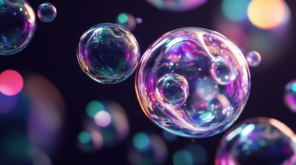 Colorful soap bubbles floating against a dark background, creating swirling reflections and vibrant light reflections