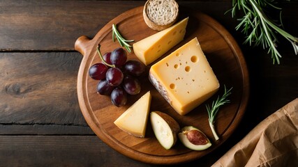 appetizing gouda hard cheese charcuterie on wooden plate flat lay aesthetic setup for ads