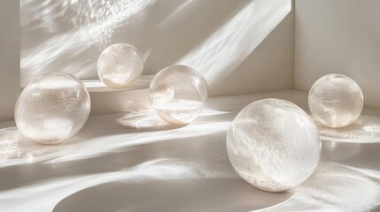 A minimalist arrangement of glass spheres casting intricate light patterns and reflections onto a sleek white background