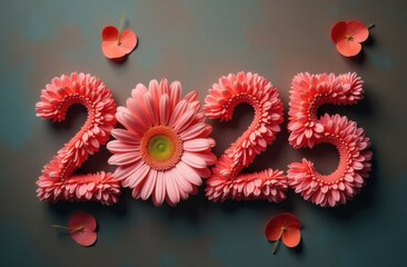Christmas greeting card, New Year 2025, numbers 2025 from various colorful flowers on holiday background, New Year lights, flower business