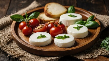 appetizing fresh mozzarella charcuterie on wooden plate flat lay aesthetic setup for ads