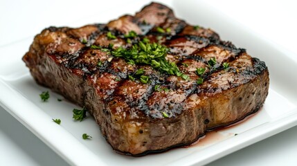 A beautifully cooked churrasco steak, garnished with herbs, served on a simple white plate against a plain white background. Highlighting the flavors of grilled meat.