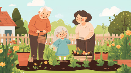 Fototapeta premium Senior couple with granddaughter gardening in the backyard garden.