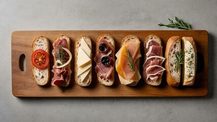 appetizing baguette slices charcuterie on wooden plate flat lay aesthetic setup for ads