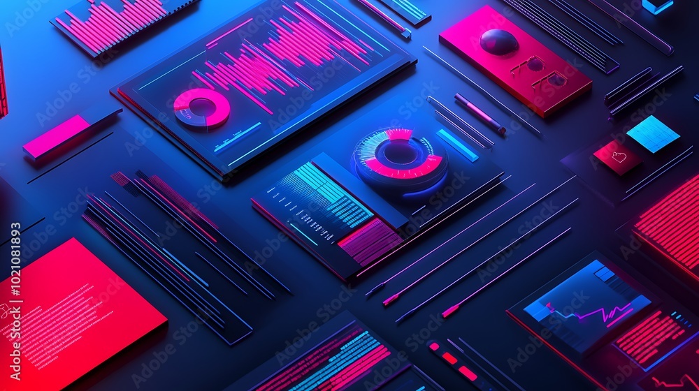 Poster abstract 3d composition of neon-lit geometric shapes and data visualizations