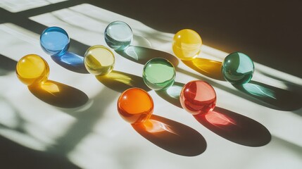 A set of translucent colored glass marbles scattered on a table, casting playful, multi-colored light and shadows