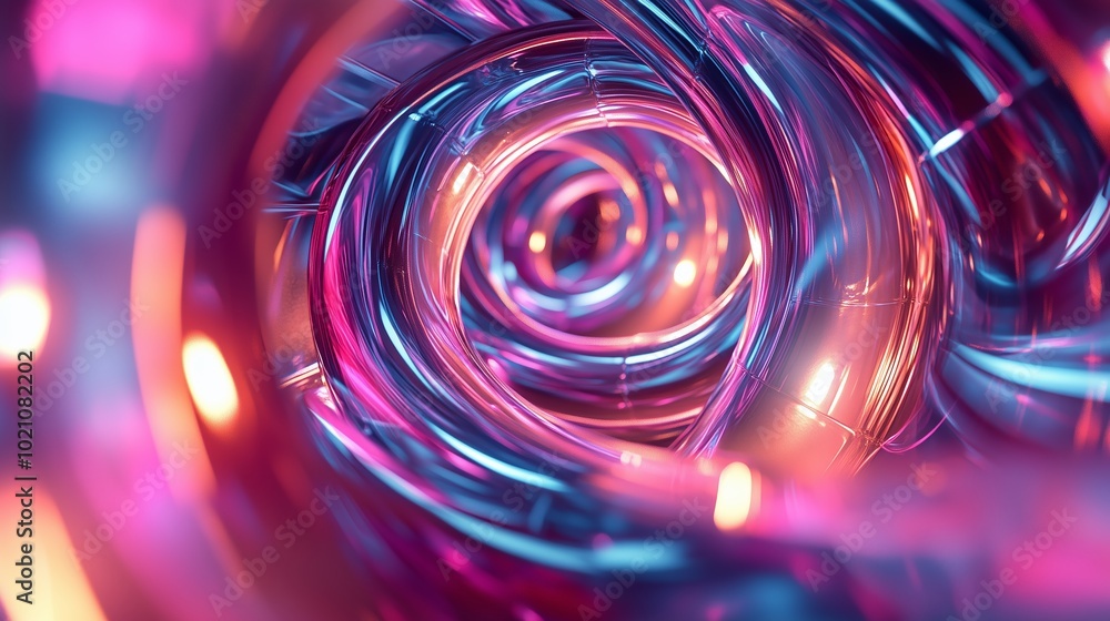 Poster abstract swirling tunnel of vibrant colors and reflections created by twisting metallic structures i