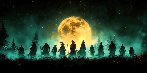 Naklejka premium A coven of witches and wizards gather in a moonlit forest.