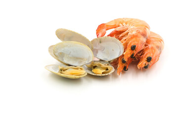 Shrimps and shellfish on a white background