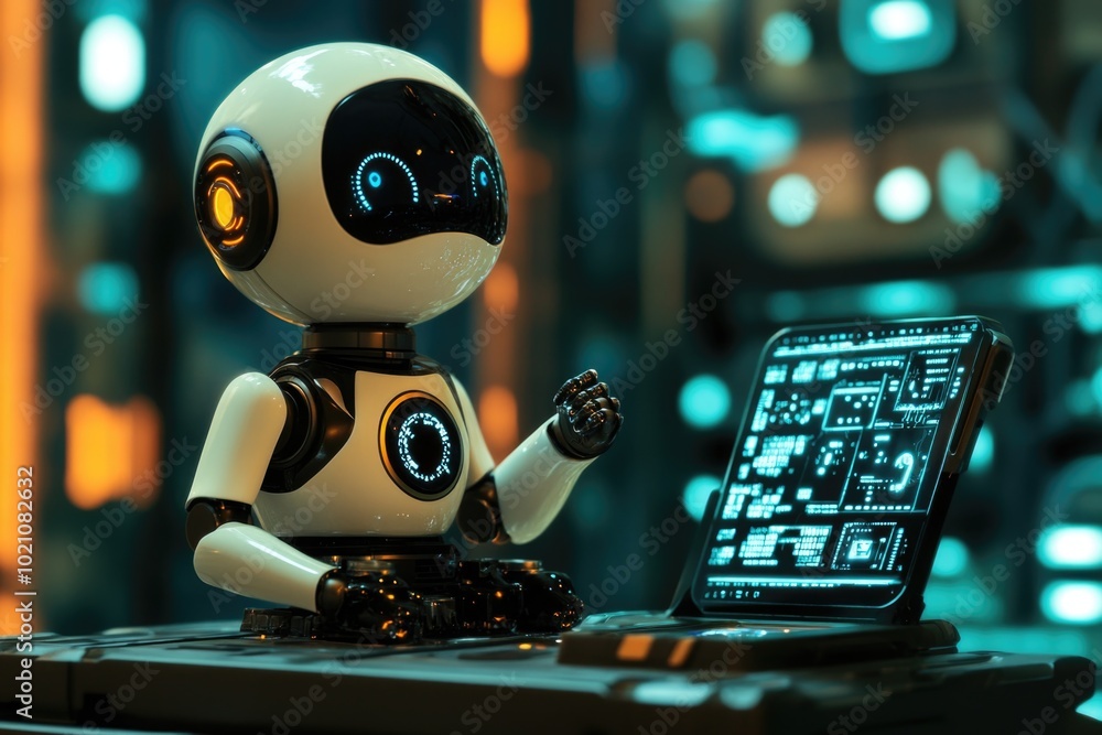 Aufkleber a robot sits on top of a laptop computer, focused on its digital task