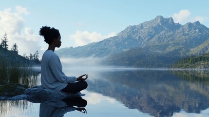 A woman sits on a rock overlooking a serene lake, perfect for editorial or advertising use