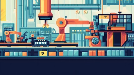 A Factory Production Line With Industrial Robots And Conveyors