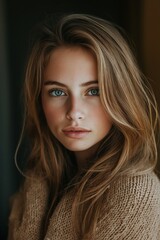 Naklejka premium A woman with striking blue eyes gazes directly, wearing a textured brown sweater, captivating with subtle allure.