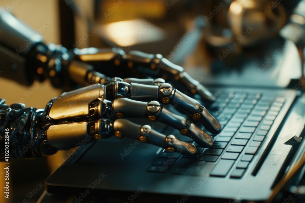 Leinwandbilder a robotic hand types on a laptop keyboard with precision and speed