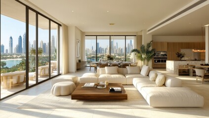 Fototapeta premium Large living room with high ceilings and floor-to-ceiling windows, offering views of Dubai Waterfront. Cream-colored sofas, gold-accented furniture, and marble flooring highlight the luxurious