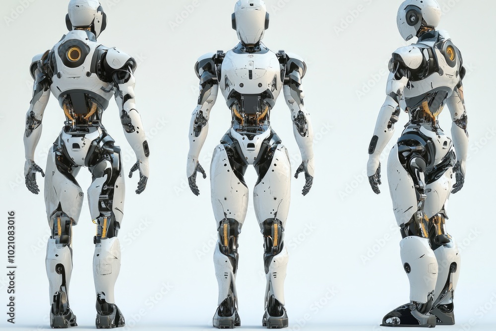 Poster Three robots standing side by side, possibly discussing or awaiting instructions