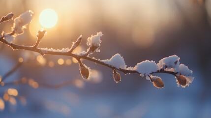 Obraz premium Delicate snow-covered branch glistens in the warm glow of sunset.