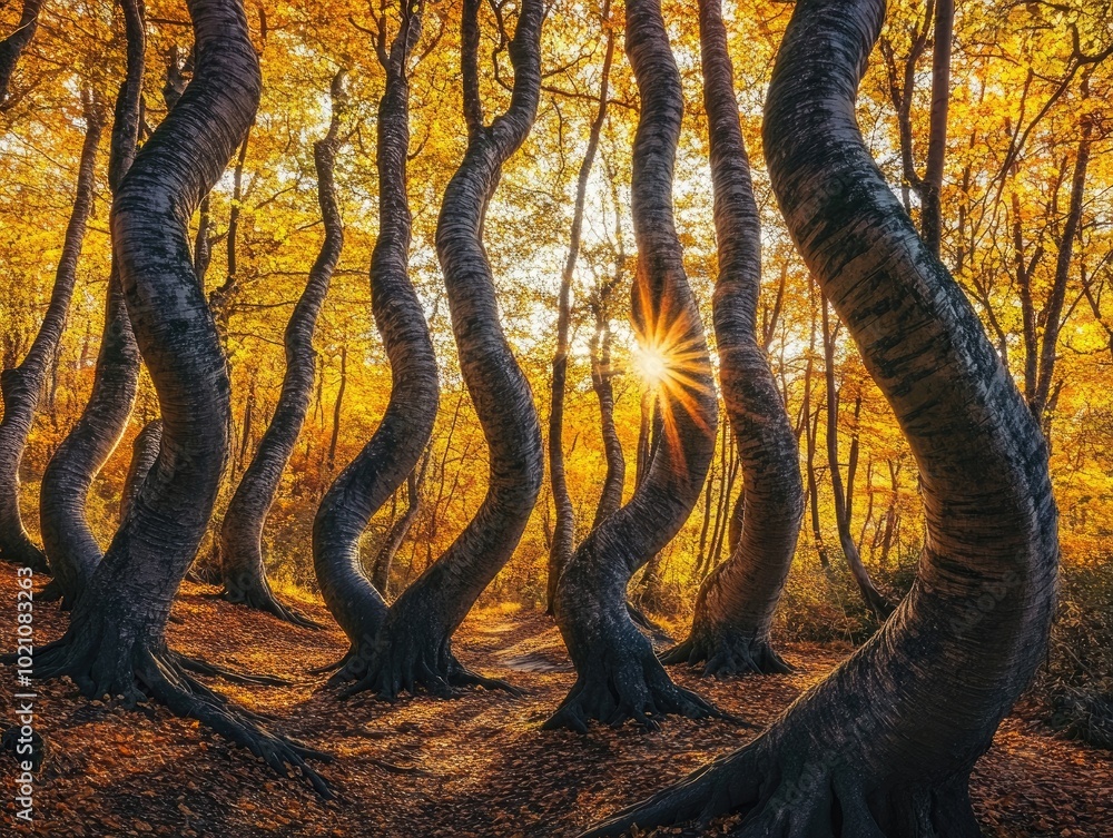 Aufkleber twisted tree trunks in a forest with autumn colors and sunlight creating a beautiful nature backgrou