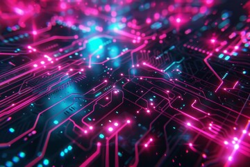 Naklejka premium A vibrant digital circuit board illuminated by bright blue and red lights showcasing technology and innovation in a dark setting