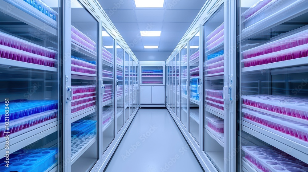 Poster a modern storage facility displaying rows of colorful containers in a clean, organized environment.