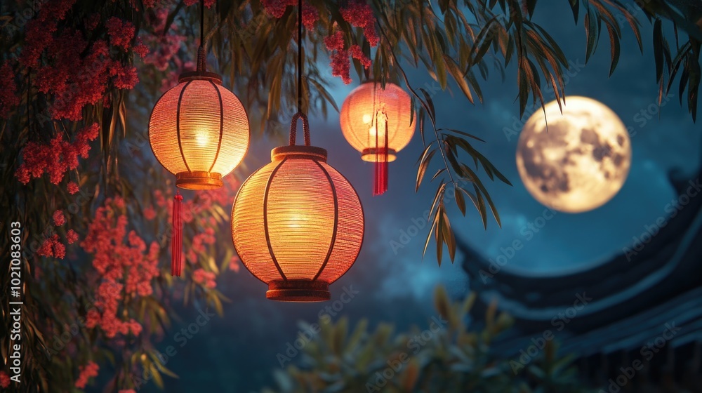 Poster lanterns hang from a tree branch under a bright full moon