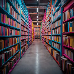 Obraz premium A long, colorful bookshelf in a modern library, symbolizing a journey through endless learning and knowledge.