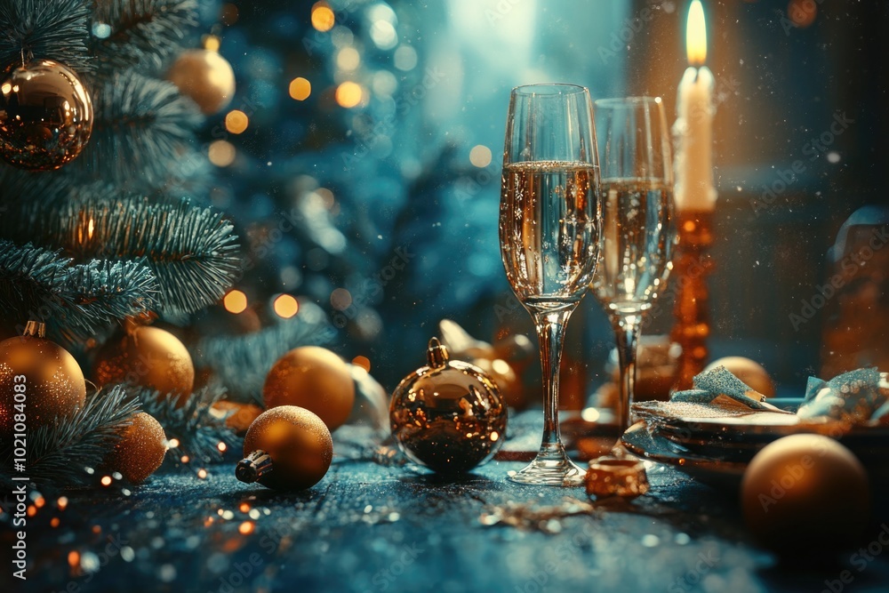 Poster Champagne glasses on Christmas tree, festive atmosphere