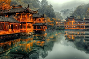 Obraz premium A lake or river surrounded by buildings and trees, ideal for use in cityscapes, architecture, and landscape images