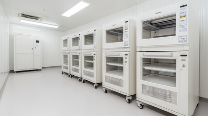 Modern laboratory with white storage units and freezers, designed for scientific research and efficient sample preservation in a clean environment.