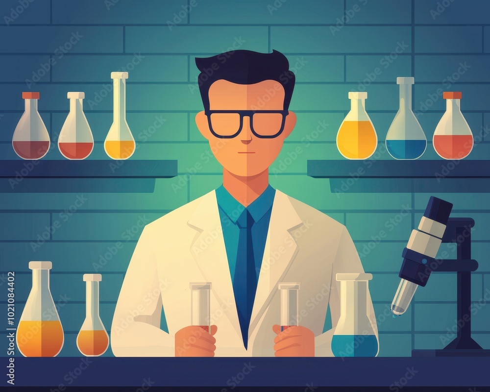 Poster a scientist in a lab coat stands before various flasks and a microscope, showcasing an environment f