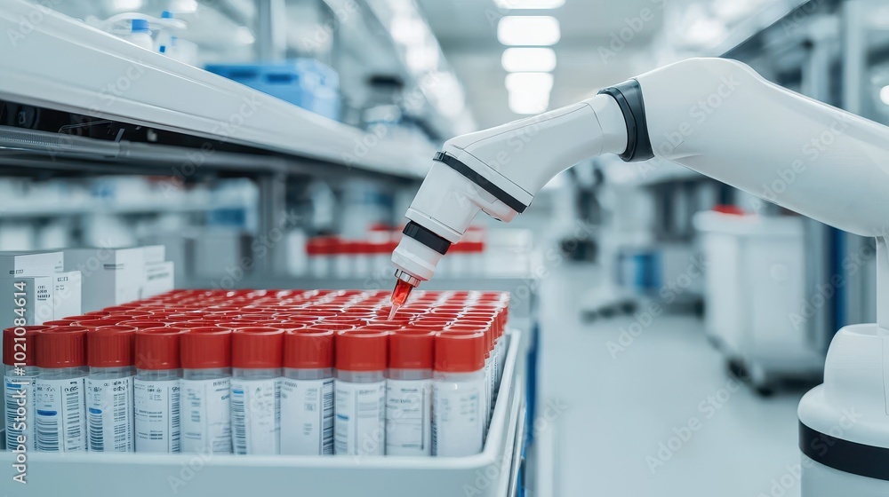 Poster a robotic arm is handling test tubes in a modern laboratory, showcasing automation in scientific res