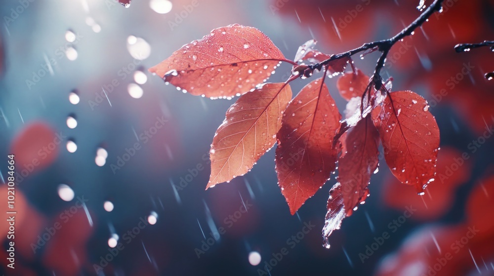 Poster a tree branch covered in bright red leaves and dripping with rain, great for autumn or fall themed i
