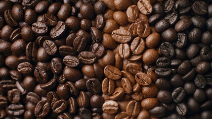Fototapeta premium Assorted roasted coffee beans of various shades and sizes on a flat surface.