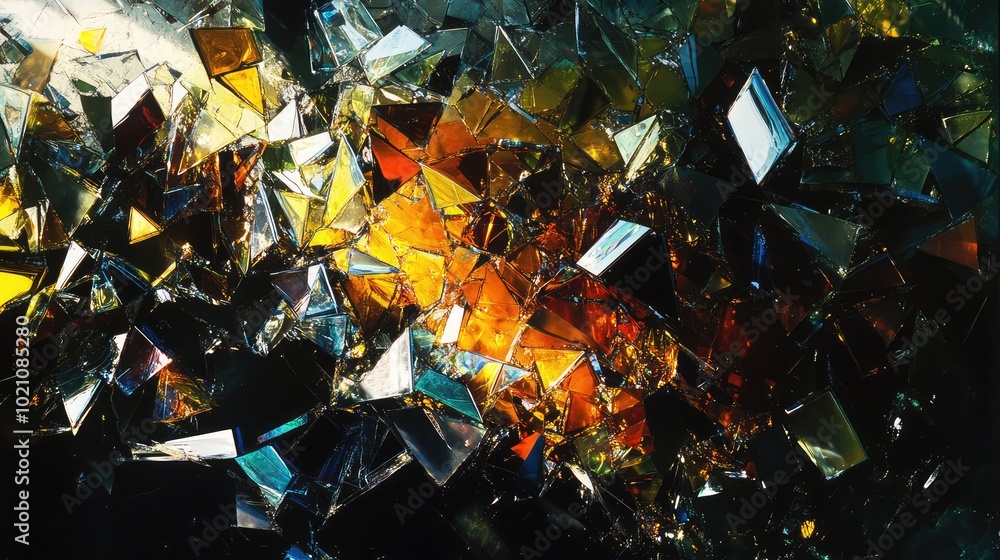 Poster an abstract display of glass shards catching the light, forming intricate refractions and colorful s