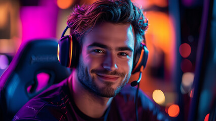 Caucasian Man Gamer - gamer, gaming, headphones, esports, competition, male, technology, man, smile, entertainment, youth, digital, neon lights