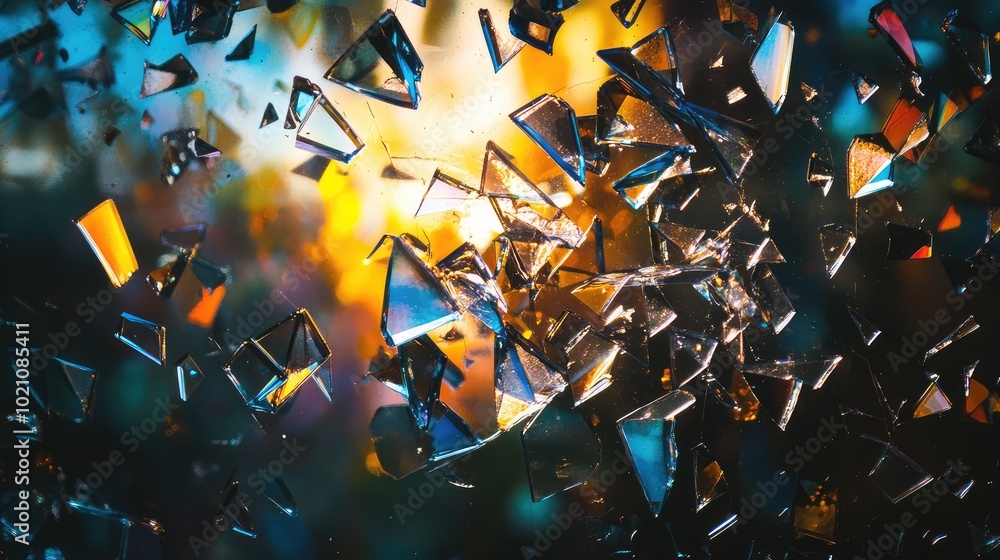 Poster an abstract display of glass shards catching the light, forming intricate refractions and colorful s