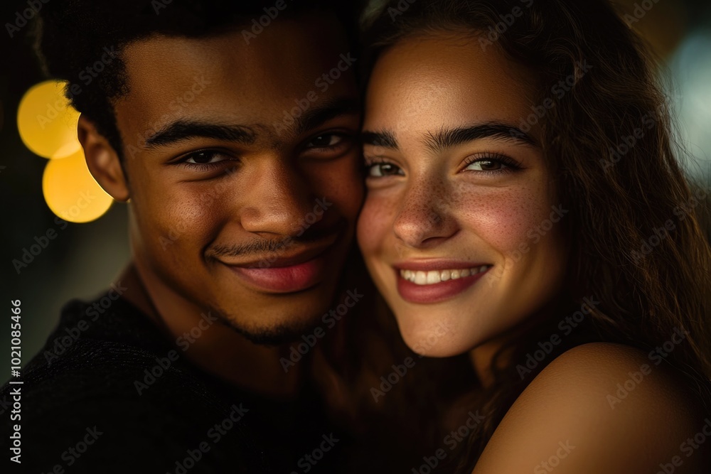 Poster a happy couple with big smiles looking directly at the camera
