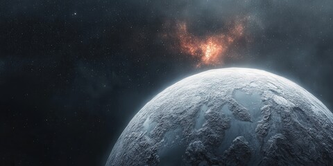 Obraz premium A serene icy planet with a distant nebula glowing in the vastness of space.