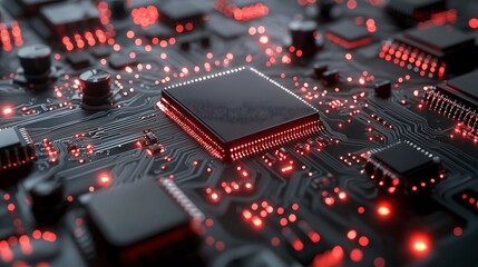 Fototapeta premium High-Tech Chip and Glowing Circuitry on a Modern Board. Generative AI