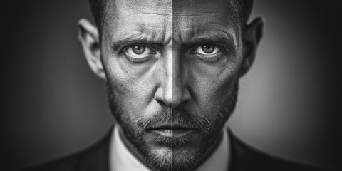 Obraz premium A formal gentleman dressed in a black suit and tie, captured in a classic black and white photograph