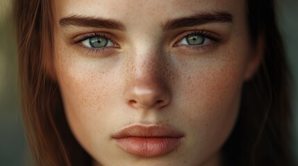 Fototapeta premium Close-up portrait of a woman with freckles on her face, suitable for use in beauty and personal care advertising or editorial content