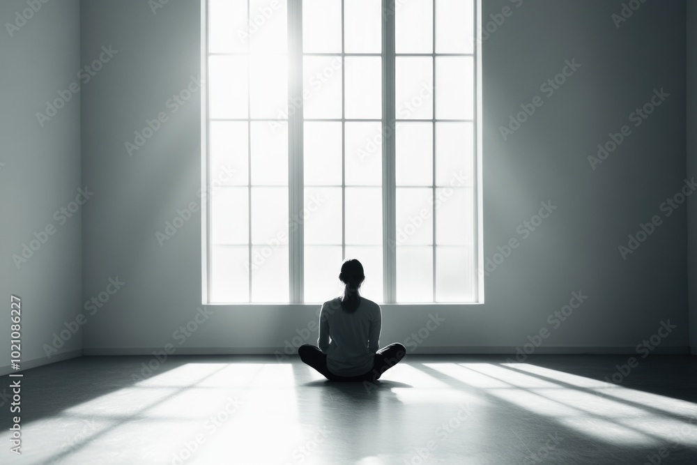 Poster a person sits on the floor in front of a window, possibly lost in thought